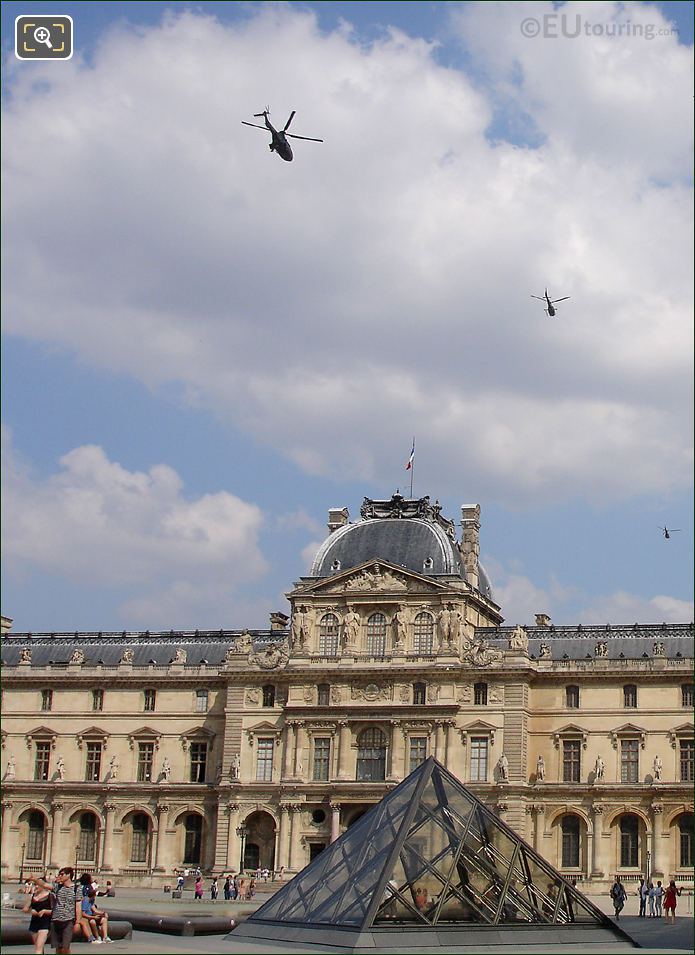 Helicopters over Pavillon Sully at the Louvre