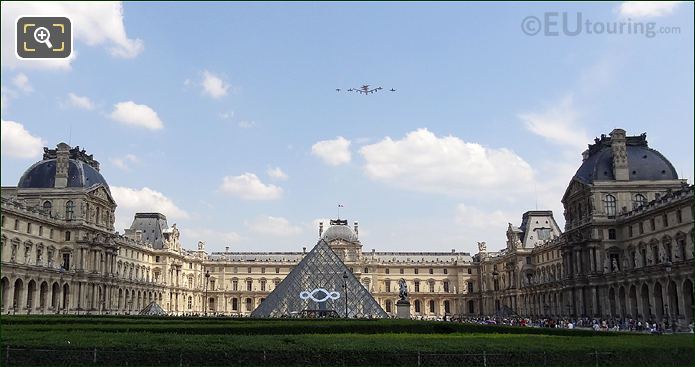 Army aircraft flyby over Louvre Museum