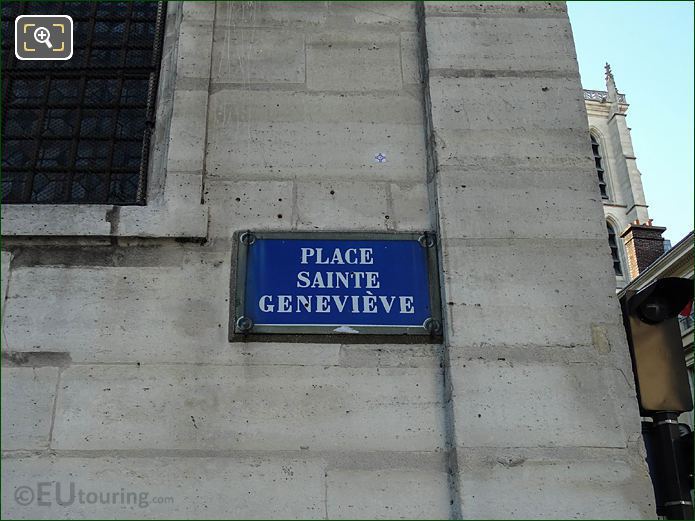 Place Sainte Genevieve sign on Eglise Saint-Etienne-du-Mont
