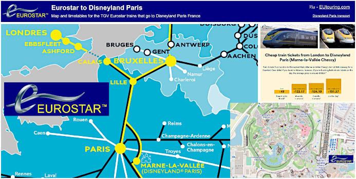 Eurostar train London to Disneyland Paris map