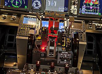 Controls inside the Boeing flight simulator