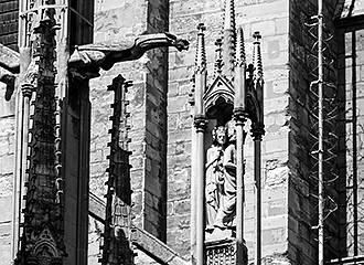 Statues on flying buttresse at Notre Dame Cathedral