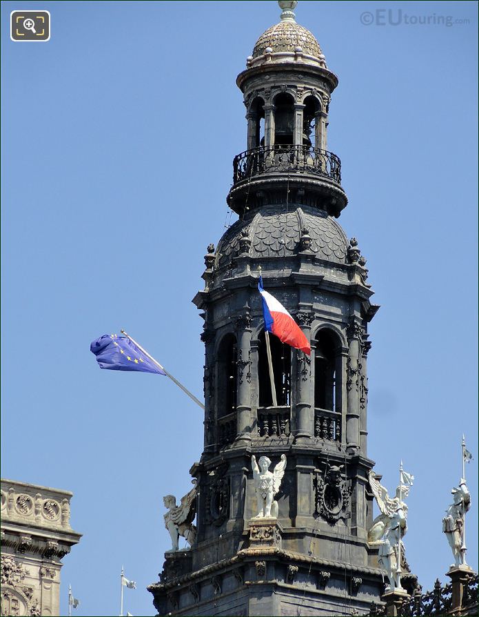Tower of Hotel de Ville Paris with flags