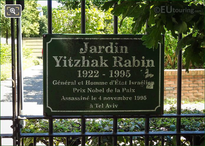 Jardin Yitzhak Rabin plaque