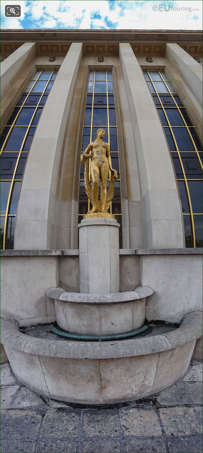 Panoramic of golden statue on Palais de Chaillot
