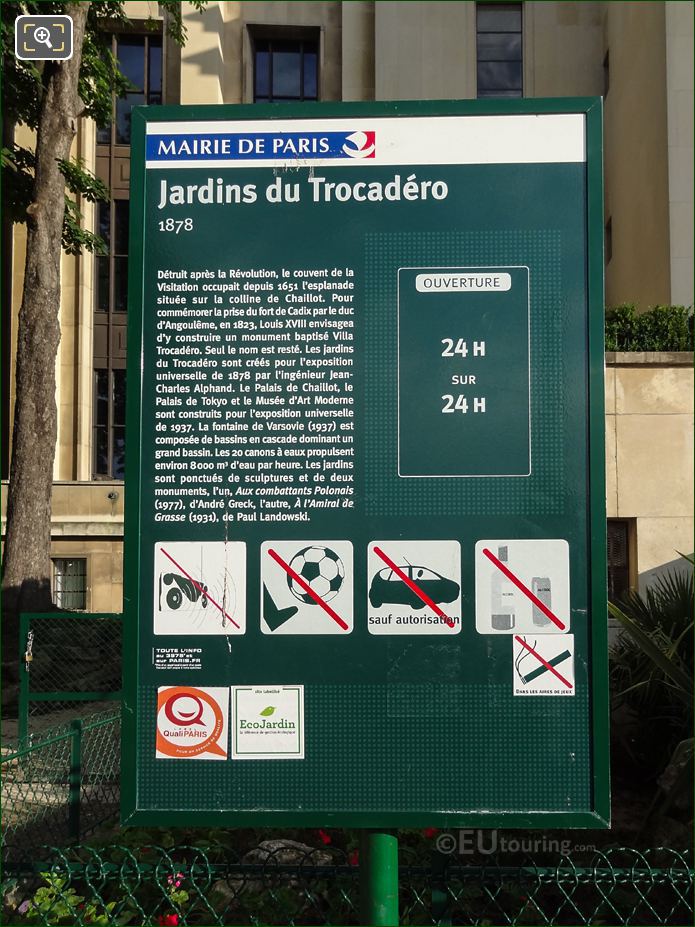 Tourist info board on NW side of Jardins du Trocadero