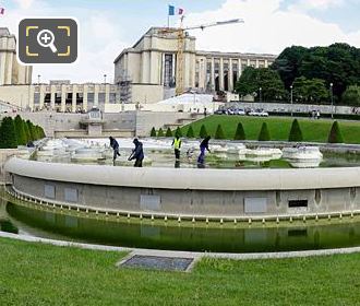 Panoramic of Jardins du Trocadero water fountains