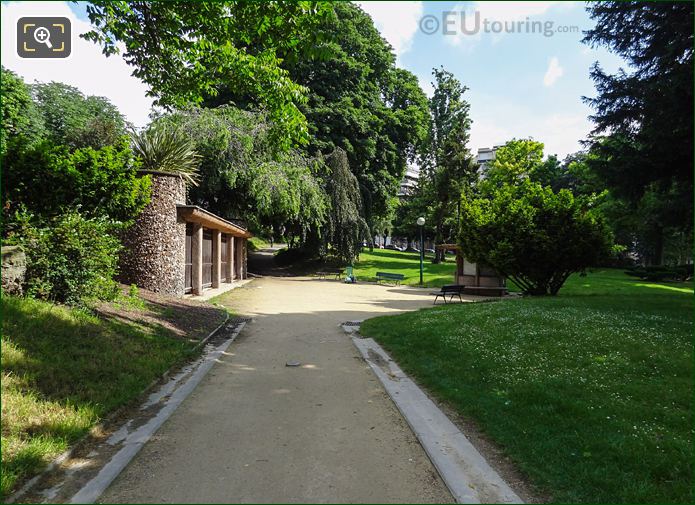 Pathway and park benches looking NE in Jardins du Trocadero