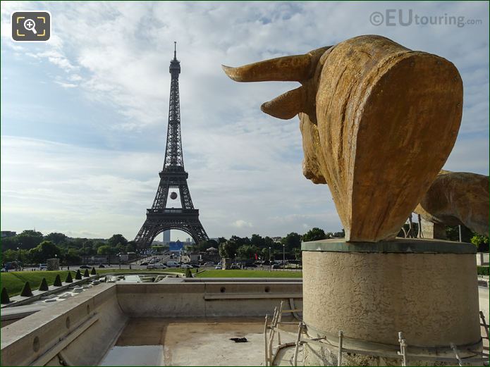 Bull and Deer statues in Jardins du Trocadero looking SE to Eiffel Tower