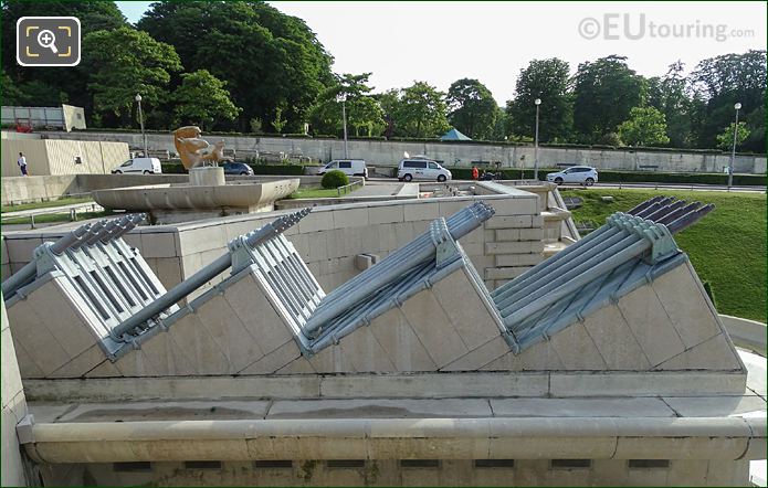 Side view of 20 water cannons in Jardins du Trocadero