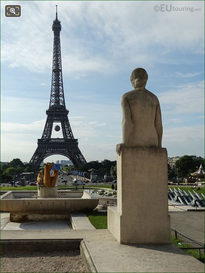 View SE from Jardins du Trocadero of La Femme statue and Eiffel Tower