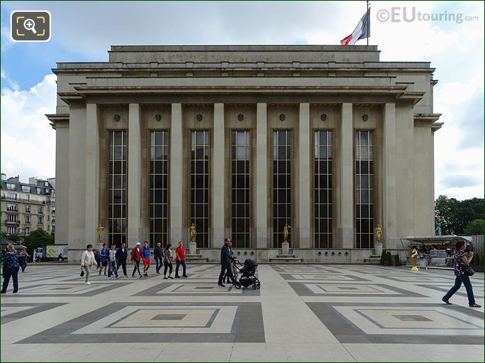 Palais de Chaillot golden statues on SW facade in Jardins du Trocadero