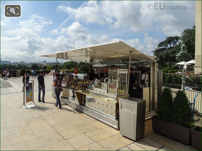 Food stand on esplanade in Jardins du Trocadero looking South