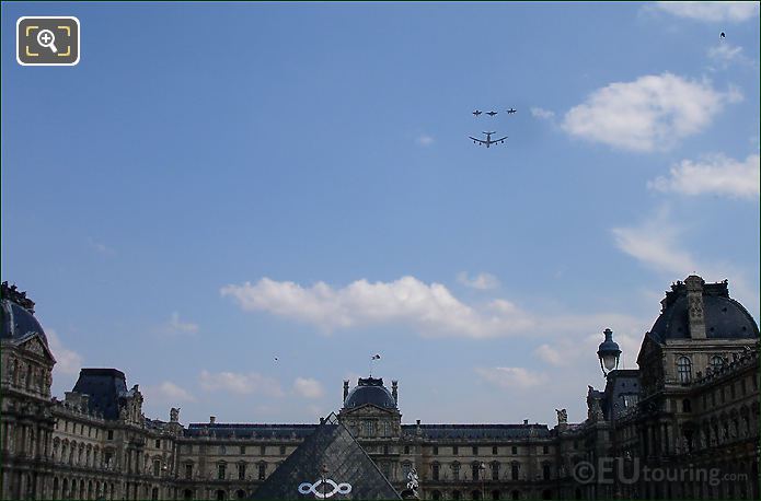 Flyover of fighter jet escort at former royal palace in Paris