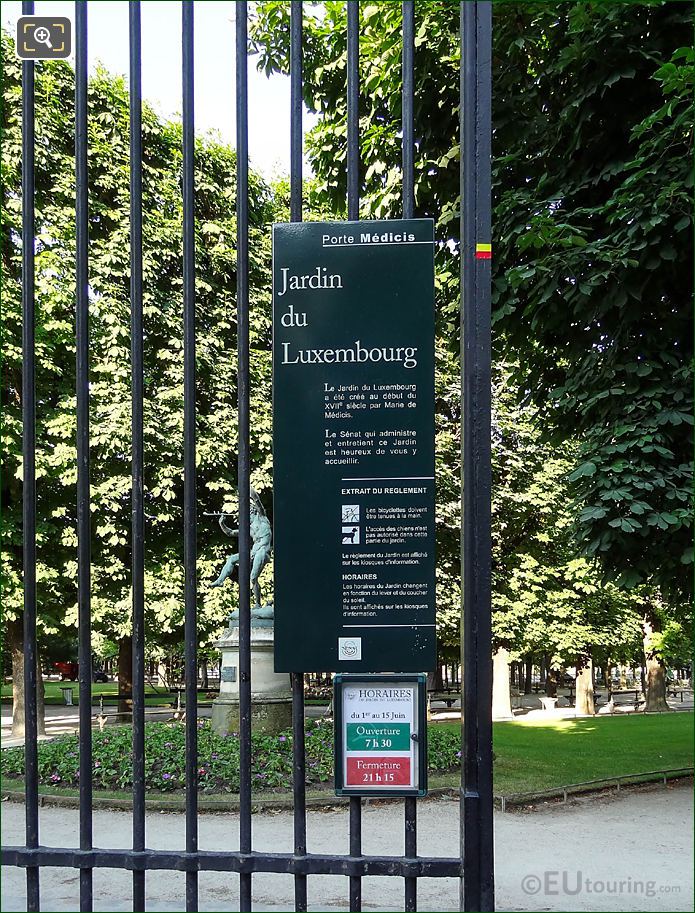 Jardin du Luxembourg tourist info board on Place Edmond Rostand gate