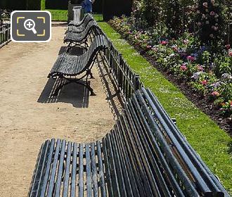 Green park benches in Rose Garden, Jardin du Luxembourg