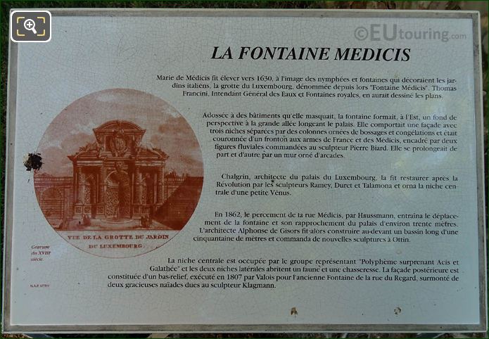 Tourist info plaque for Fontaine Medicis, Jardin du Luxembourg