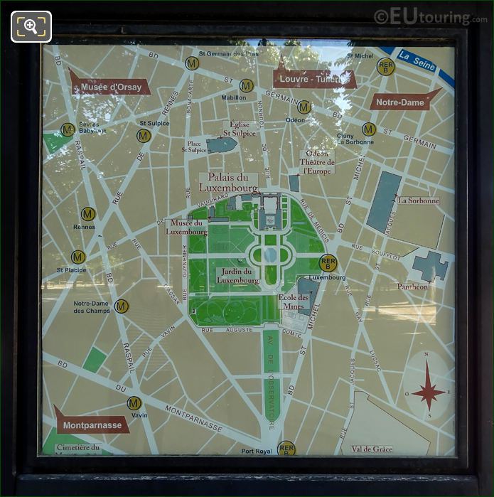 Jardin du Luxembourg location map with Metro stations and attractions
