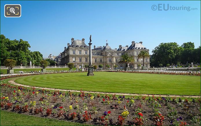 Western semi-circular lawn in Luxembourg Gardens with Palais du Luxembourg