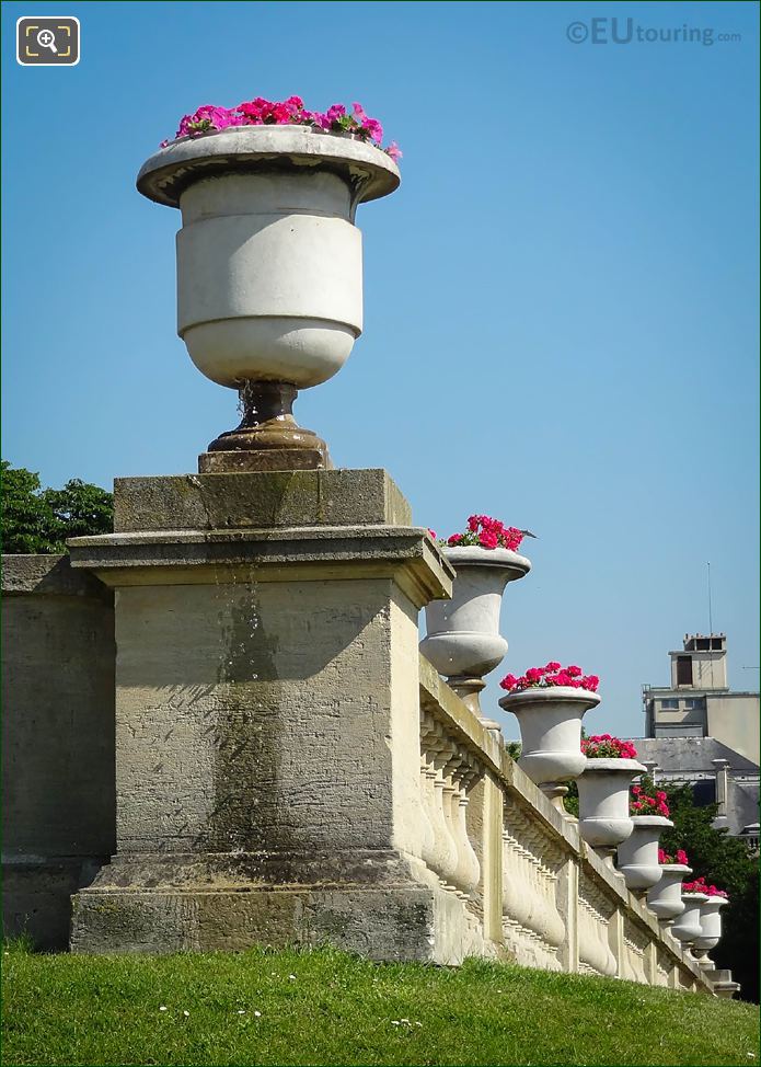 West terrace plant pots with red flowers in Jardin du Luxembourg