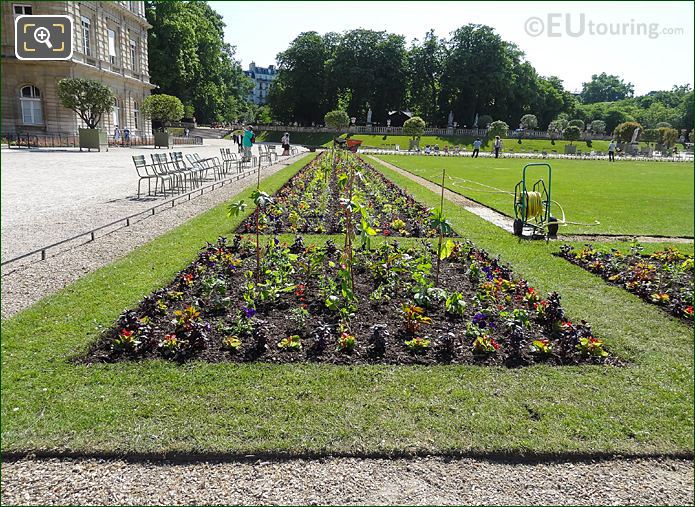Flowerbeds in front of Palais du Luxembourg in Luxembourg Gardens