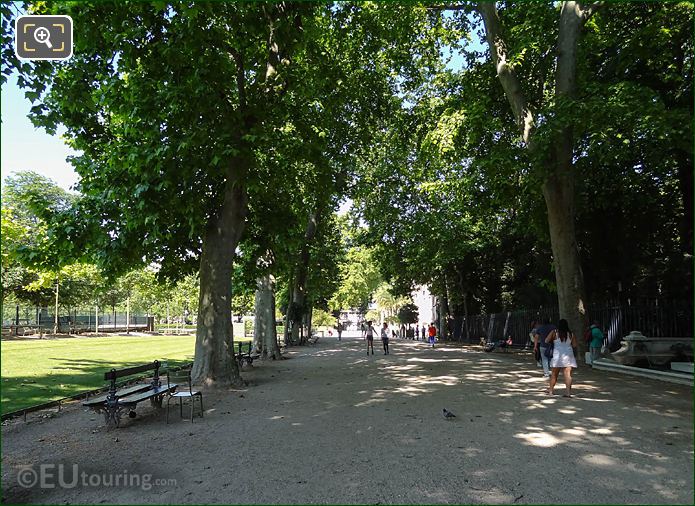 West view of path and park benches on NW side of Jardin du Luxembourg