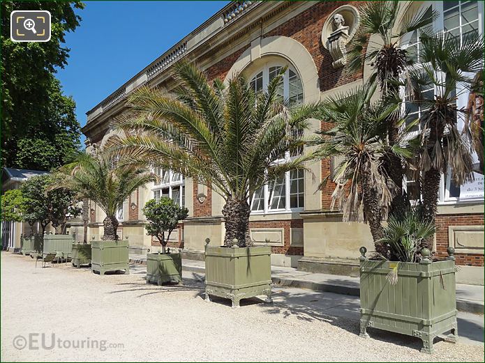 Green crate plant pots in front of Orangerie in Luxembourg Gardens