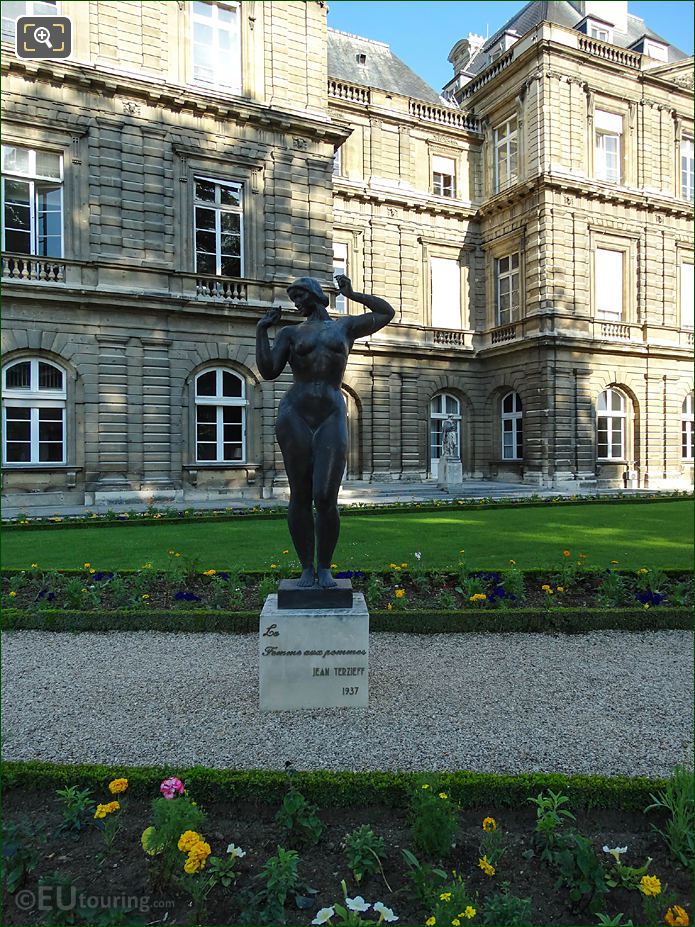 La Femme aux Pommes statue by Luxembourg Palace in Jardin du Luxembourg