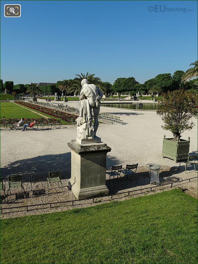 Back of statue view to French formal garden, Jardin du Luxembourg
