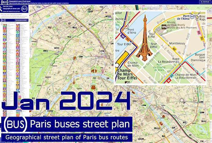 Geographical map of Paris buses with street plan