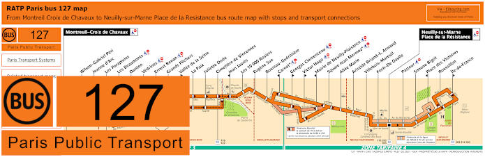 Paris bus 127 map with stops and connections