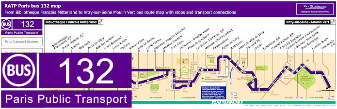 Paris bus 132 map with stops and connections