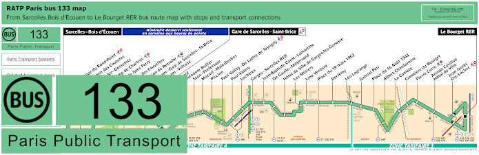 Paris bus 133 map with stops and connections