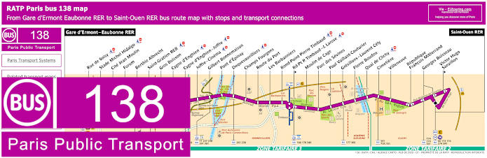 Paris bus 138 map with stops and connections