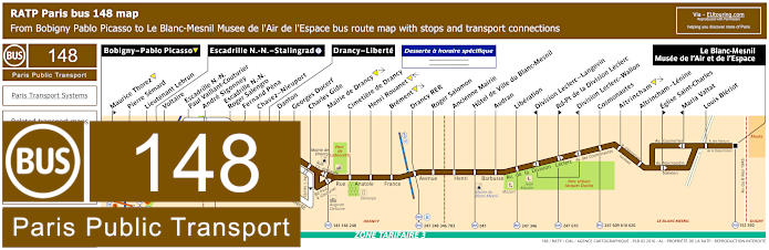 Paris bus 148 map with stops and connections