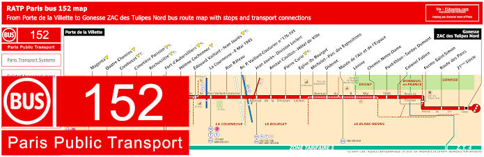 Paris bus 152 map with stops and connections