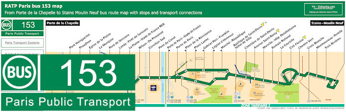 Paris bus 153 map with stops and connections