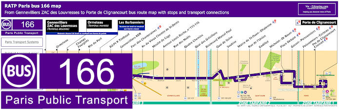 Paris bus 166 map with stops and connections