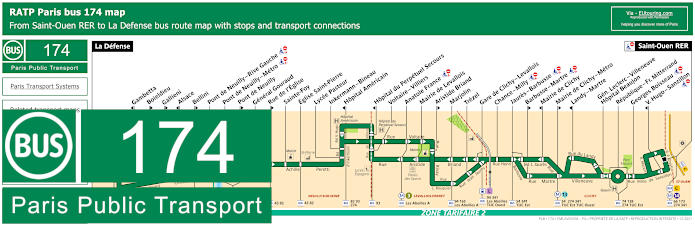 Paris bus 174 map with stops and connections