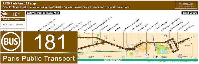 Paris bus 181 map with stops and connections