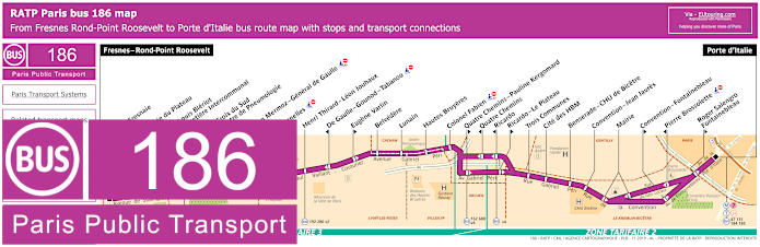 Paris bus 186 map with stops and connections