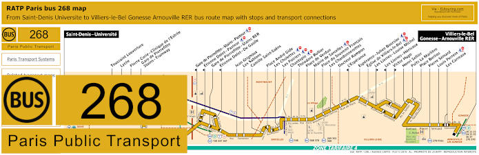 Paris bus 268 map with stops and connections
