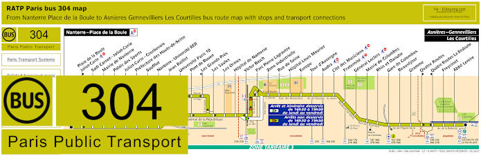 Paris bus 304 map with stops and connections
