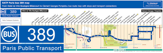 Paris bus 389 map with stops and connections