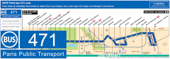 Paris bus line 471 map with stops and connections