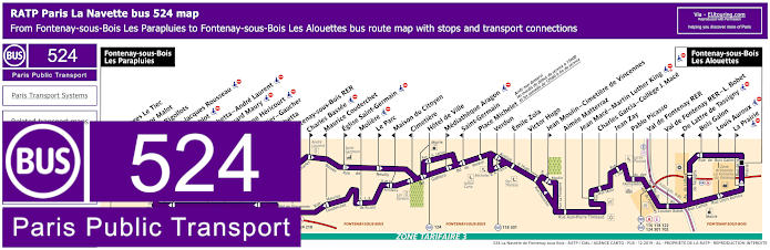 Paris bus 524 map with stops and connections