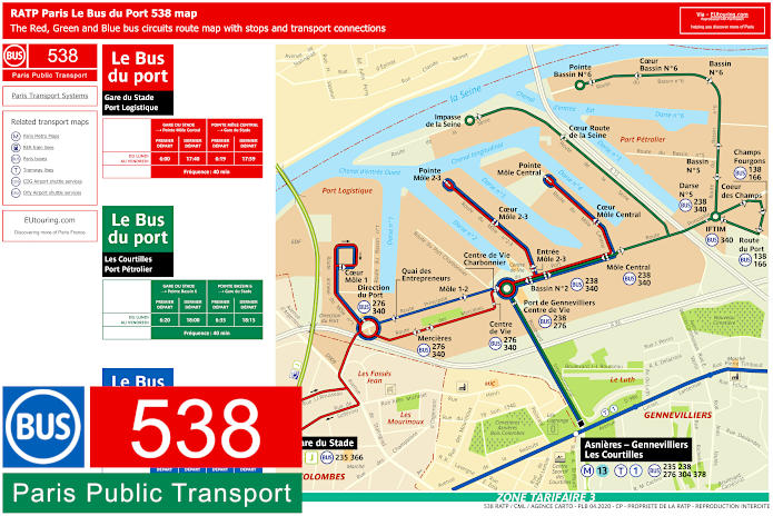 Paris Le Bus du Port 538 map with stops and connections