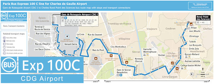 Paris Bus Express 100C map Airport CDG 1 to Chelles