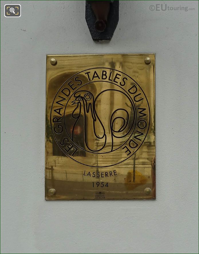 Grand Tables of the World brass plaque Lasserre Restaurant