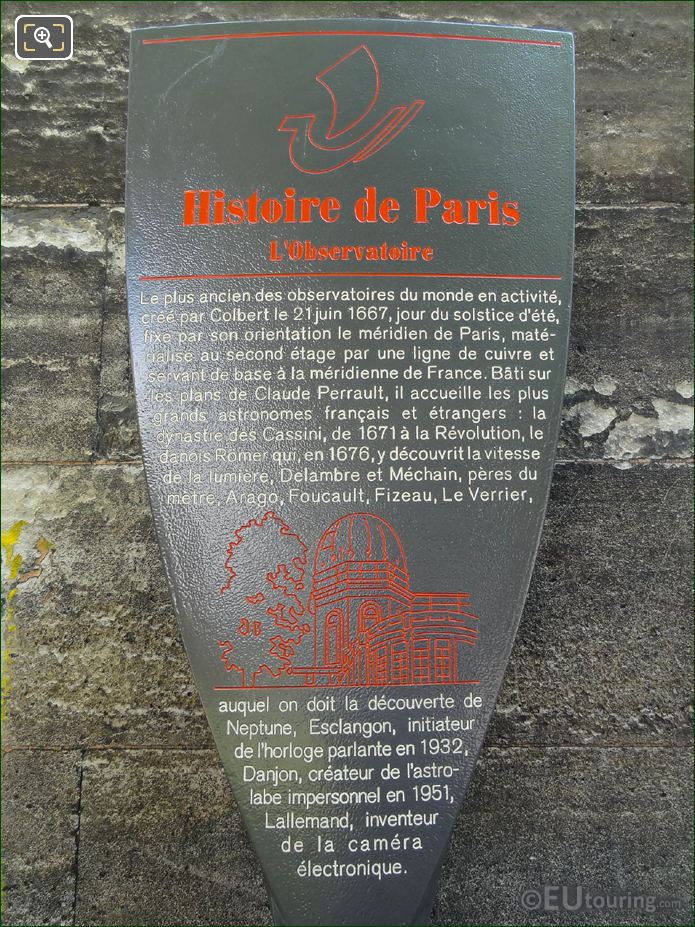 Paris Observatoire tourist information board